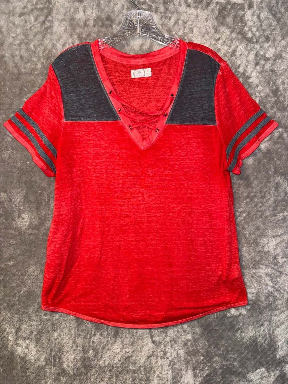 Maurices 24/7 Lace-Up V-Neck T-Shirt Red Gray Striped Sleeve XL